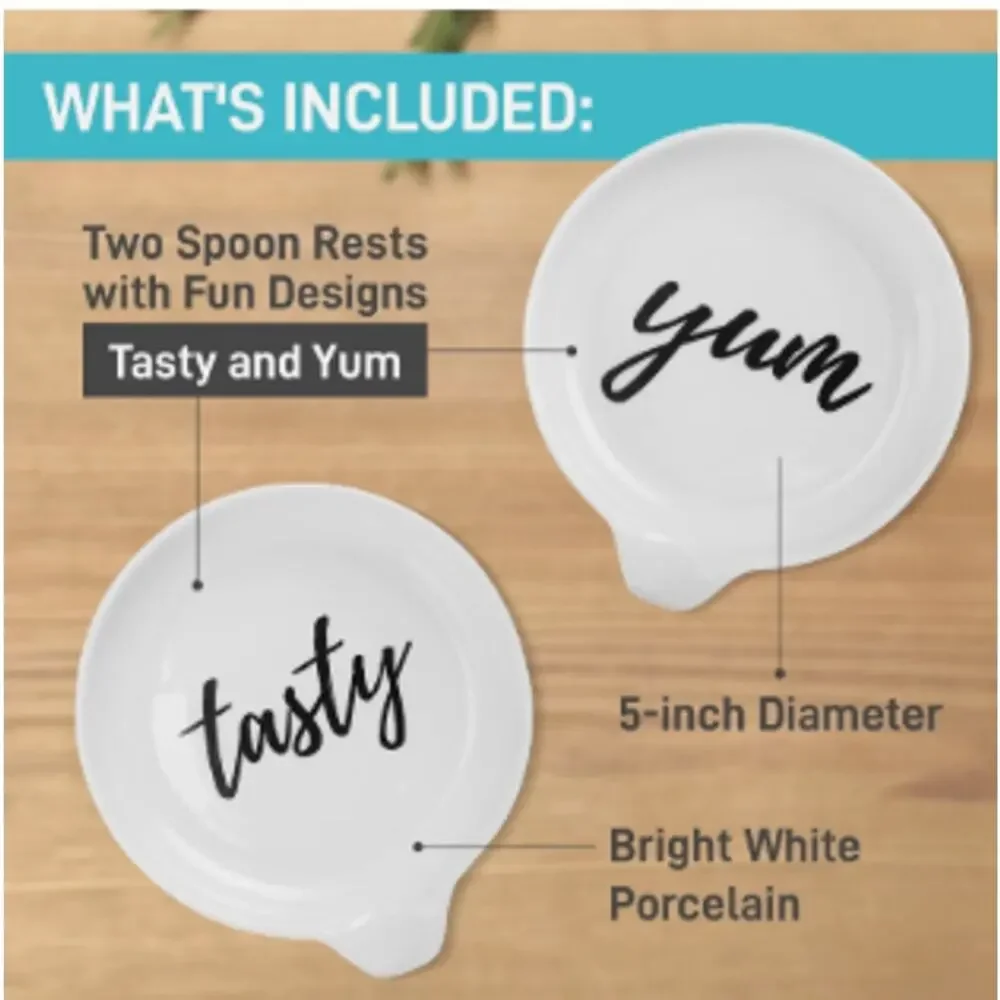 Ultimate Hostess Tasty and Yum Porcelain Spoon Rest Set, 5-Inch Farmhouse Decor